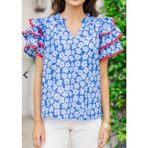 Entro Women’s Blouse Size Large 100% Cotton Waiting For You Blue Floral Rickrack